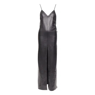 Pre-owned Saint Laurent 2024 Lambskin Leather Low Cut Back Slit Slip Gown Dress Fr34 Xs In Black
