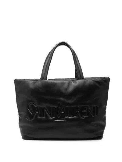 Pre-owned Saint Laurent 2024 Lambskin Wide Puffer Tote Bag In Black