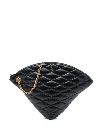 Pre-owned Saint Laurent 2024 Large Quilted Lambskin Sade Triangle Pouch Clutch Bag In Black