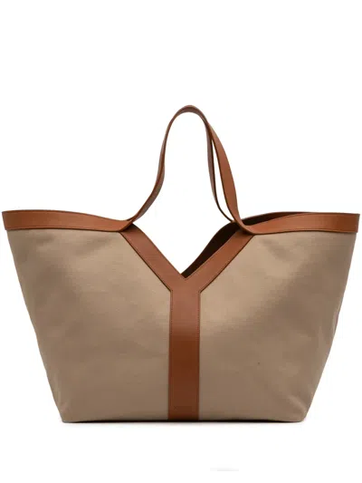 Pre-owned Saint Laurent 2024 Leather Trimmed Canvas Y Tote Bag In Brown