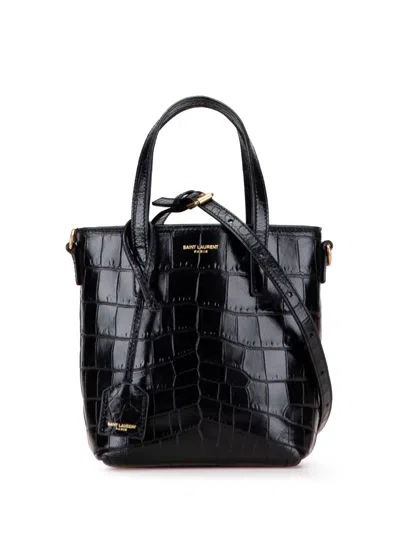 Pre-owned Saint Laurent 2024 Mini Toy Embossed Leather Shopping Tote Satchel In Black