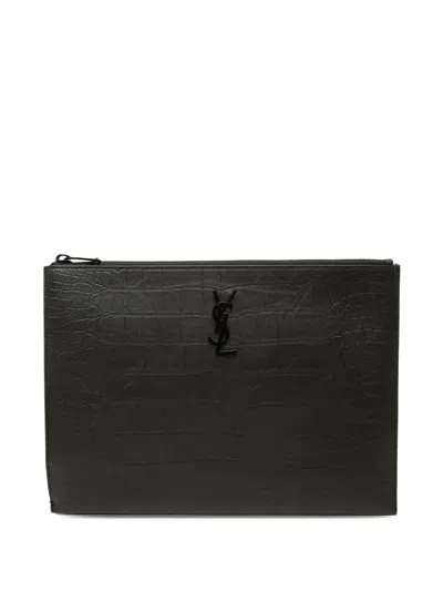 Pre-owned Saint Laurent 2025 Croc Embossed Leather Monogram Ipad Case Clutch Bag In Black