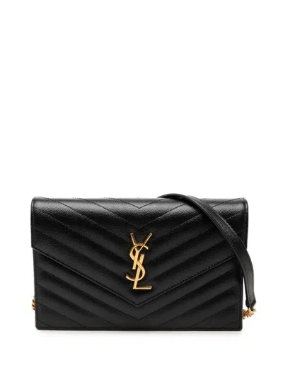 Pre-owned Saint Laurent 2025 Grain De Poudre Chevron Cassandre Envelope Chain Wallet Crossbody Bag In Black