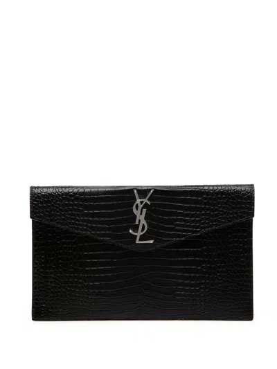 Pre-owned Saint Laurent 20th Century Croc Embossed Leather Uptown Pouch Clutch Bag In Black