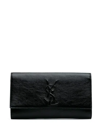 Pre-owned Saint Laurent 20th Century Large Textured Patent Monogram Belle De Jour Clutch Bag In Black