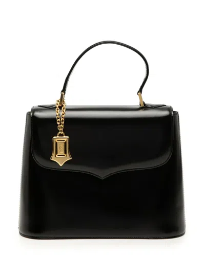 Pre-owned Saint Laurent 20th Century Leather Logo Charm Top Handle Bag Satchel In Black
