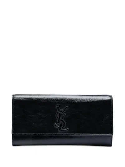 Pre-owned Saint Laurent 20th Century Small Textured Patent Monogram Belle De Jour Clutch Bag In Black
