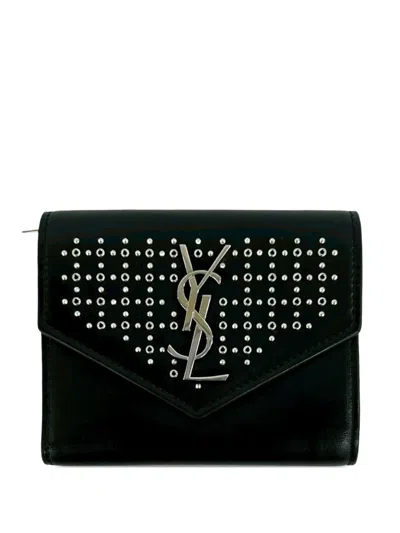 Pre-owned Saint Laurent 20th Century Studded Leather Monogram Bifold Wallet Small Wallets In Black