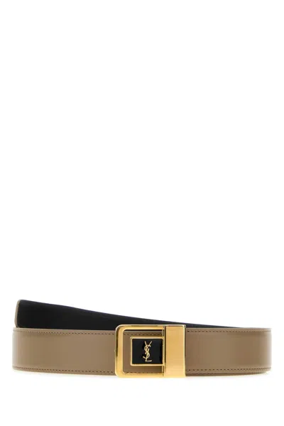 Saint Laurent 3 Cm Calf Leather Belt With Golden Hardware In Grey
