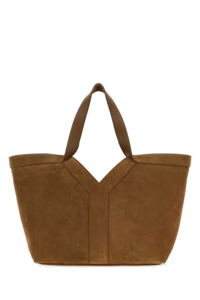 Saint Laurent 30 Cm Suede Shopping Handbag With 21 Cm Handle Height In Brown