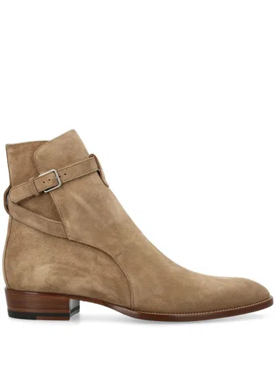 Saint Laurent Almond Toe Suede Ankle Boots With Buckle In Beige