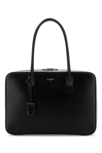 Saint Laurent 33 Cm Leather Day Bag With Suede Lining And Golden Hardware In Blue