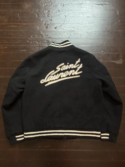 Pre-owned Saint Laurent $3400 Black Leather Logo Wool College Jacket