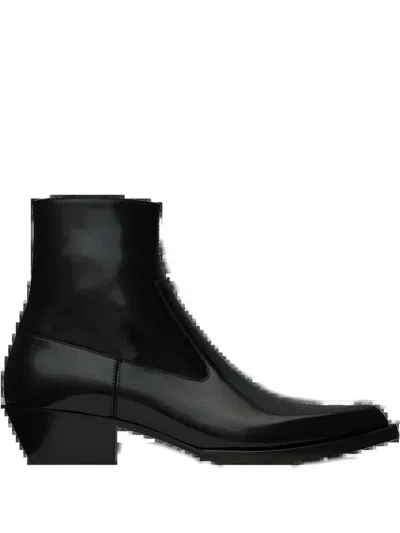 Saint Laurent 40mm Beat Pointed-toe Leather Boots In Black