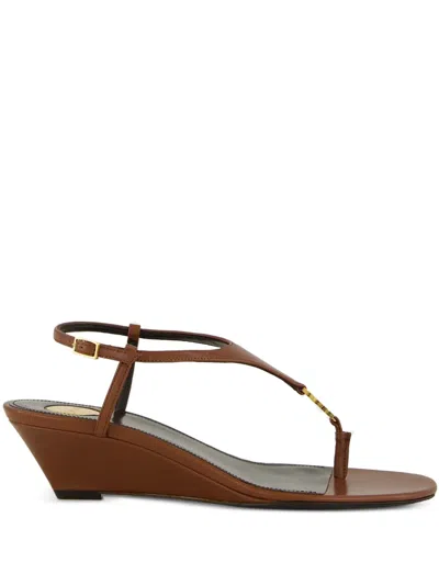 Saint Laurent 40mm Cassandre-plaque Leather Sandals In Brown