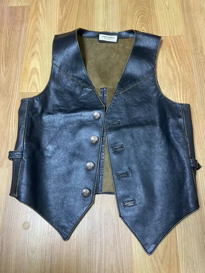 Pre-owned Saint Laurent 46  Ss15 Vintage Effect Leather Jacket Vest In Black