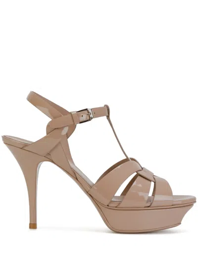 Saint Laurent Tribute Platform Sandals In Smooth Leather Beige In Neutral