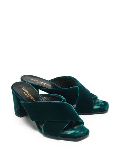Pre-owned Saint Laurent 75mm Velvet Mules In Green