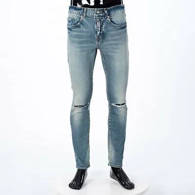 Pre-owned Saint Laurent 790$ Mid Rise Skinny Jeans - Distressed - Blue Stretch Denim In Blau