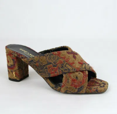 Pre-owned Saint Laurent $795  Saffron Red Marrakech Woven Fabric Loulou Sandal 472037 9863