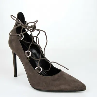 Pre-owned Saint Laurent $795  Women's Gray Suede Lace Up Heel Pump 37/us 7 404589 1250