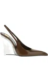 Saint Laurent Miller Brown Slingback Pumps With High Wedge Heel In Patent Leather Woman