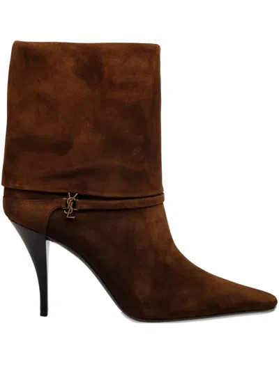 Saint Laurent 85mm Logo-plaque Heeled Boots In Brown