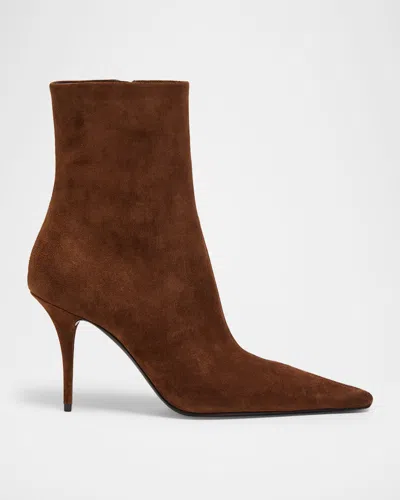 Saint Laurent 90mm Ashley Suede Ankle Booties In Brown