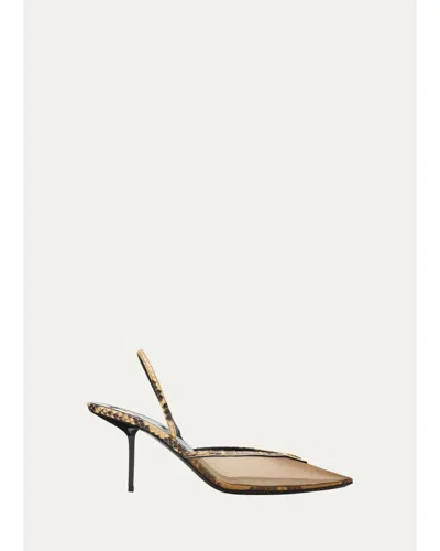 SAINT LAURENT 90MM MESH AND PYTHON-EMBOSSED LEATHER SLINGBACK PUMPS