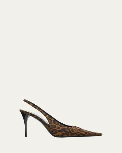 Saint Laurent 90mm Ysl Leopard Grosgrain Slingback Pumps In Animal Print