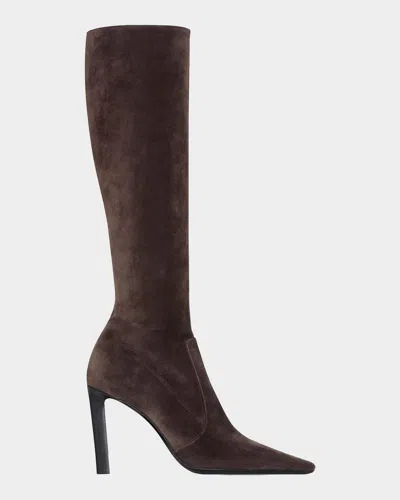 Saint Laurent 95mm Suede Knee-high Boots In Brown