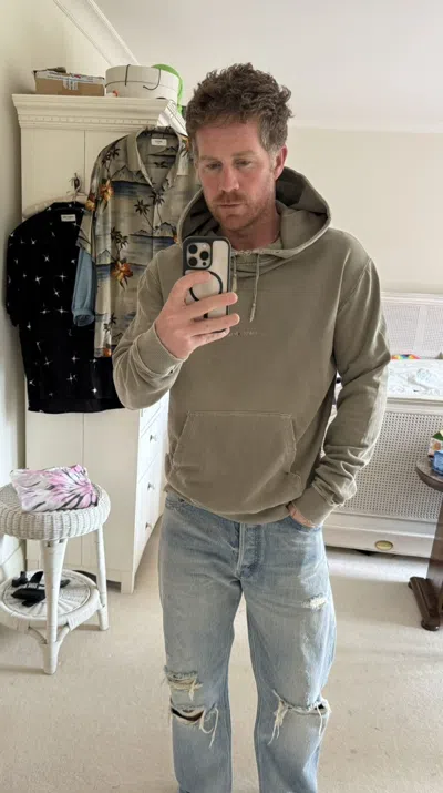 Pre-owned Saint Laurent $990  Olive Khaki Rive Gauche Logo Hoodie In Sand