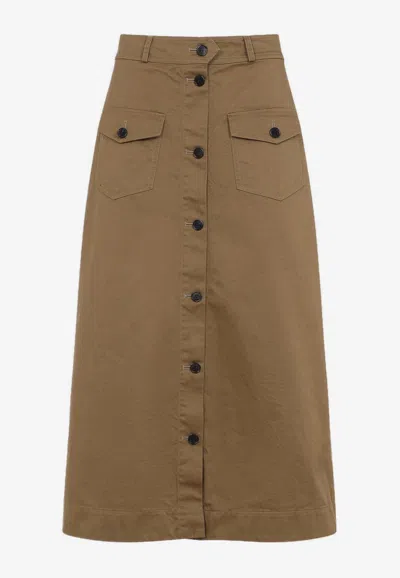 Saint Laurent A-line Buttoned Midi Skirt In Brown