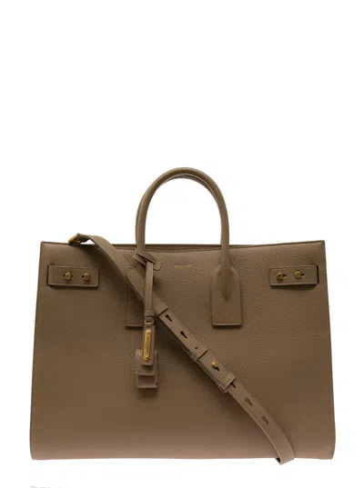Saint Laurent 'a Sac De Jour' Green Slim Bag With Shoulder Strap In Grained Leather Man Saint Lauren In Cream
