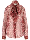 Saint Laurent Floral Silk Blouse With Scarf Collar And Concealed Button Closure In Red