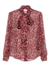 Saint Laurent Floral Silk Blouse With Scarf Collar And Concealed Button Closure In Red