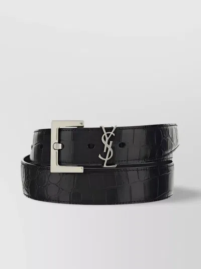 Saint Laurent Adjustable Croco Leather Print Belt In Black