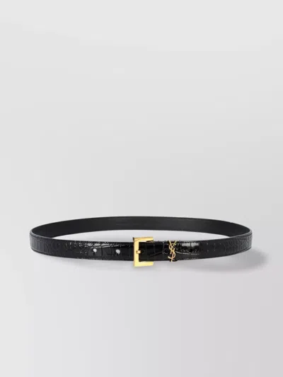 Saint Laurent Adjustable Crocodile-embossed Thin Calfskin Belt In Green