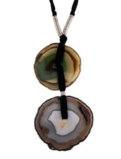 Pre-owned Saint Laurent Agate & Thread Disc Pendant Necklace, 28" In Black/brown/green