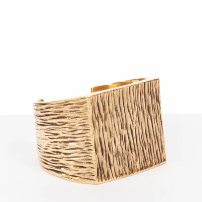 Pre-owned Saint Laurent Aged Gold Tone Bark Wood Textured Square Cuff Bangle Manchette In Multiple