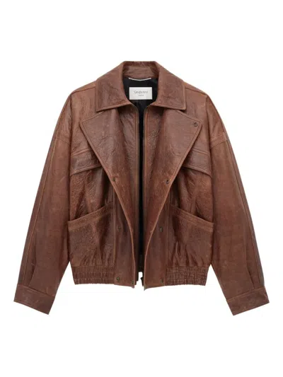 Saint Laurent Aged-lambskin Flap-pocket Bomber Jacket In Brown