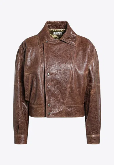 Saint Laurent Aged Leather Cropped Jacket In Brown