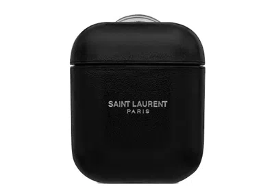 Pre-owned Saint Laurent Airpods Case Smooth Leather In Natural Black Grey