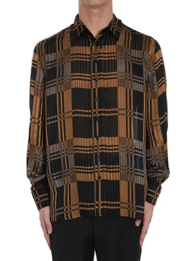 Saint Laurent Silk Shirt With Checked Pattern And Long Sleeves In Brown