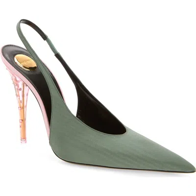 Saint Laurent Allure Strass Clear Heel Pointed Toe Slingback Pump In Green