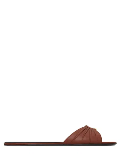 Saint Laurent Almond Peep-toe Leather Sandal With Cassandre Hardware In Marrone