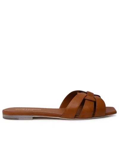 Saint Laurent Amber Leather Tribute Slippers In Brown