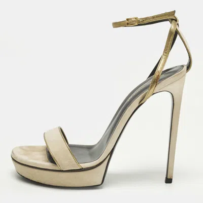 Pre-owned Saint Laurent Amber Size 40.5 Beige Suede Platform Ankle Strap Sandals