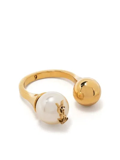 Saint Laurent Cassandre Pearl And Ball Ring In Metal In Silver