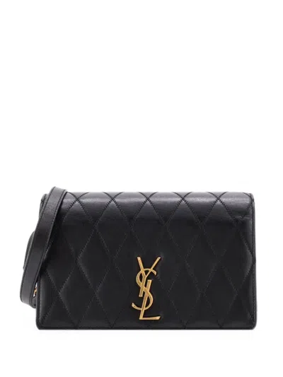 Pre-owned Saint Laurent Angie Chain Shoulder Bag Quilted Leather Small Crossbody Bag In Black